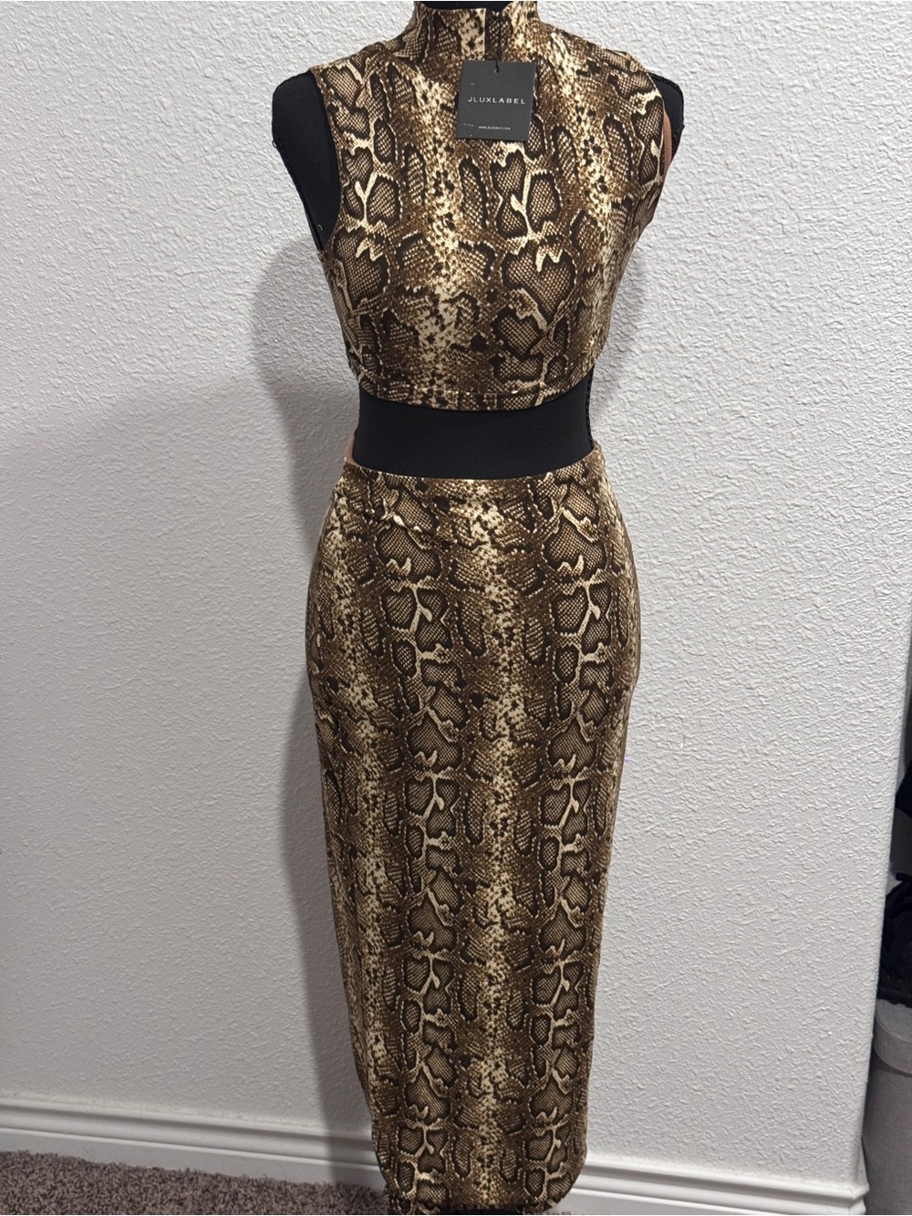 JLUXLABEL Sleeveless Snake-Print Midi Dress in Brown and Black